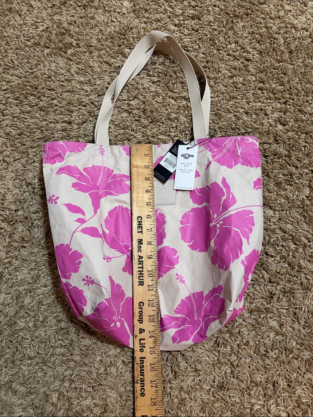 ALOHA Collection Reversible Pink Floral Tote with Cream Straps - Picture 6 of 7